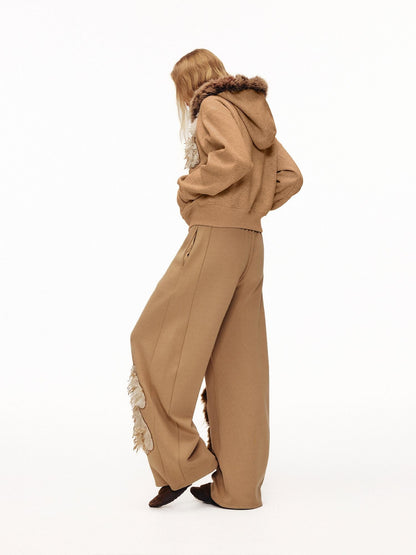 OuttheBlue Camel Dog Applique Embroidery Faux Fur Hood Women&