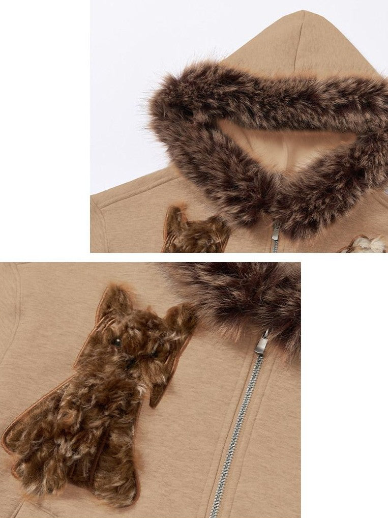 OuttheBlue Camel Dog Applique Embroidery Faux Fur Hood Women&