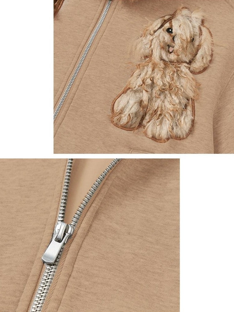 OuttheBlue Camel Dog Applique Embroidery Faux Fur Hood Women&