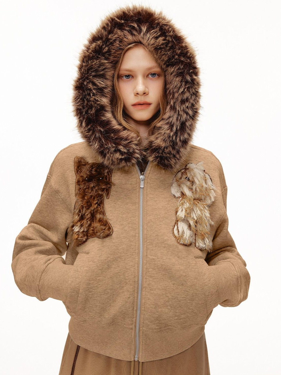 OuttheBlue Camel Dog Applique Embroidery Faux Fur Hood Women&