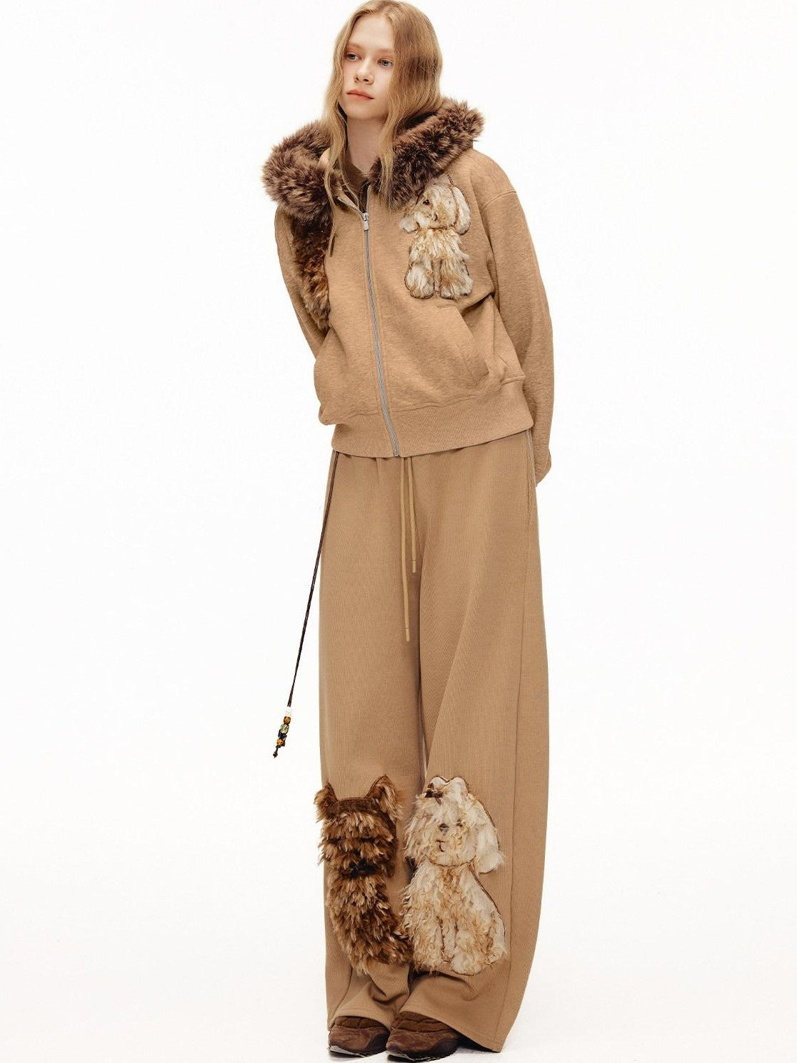 OuttheBlue Camel Dog Applique Embroidery Faux Fur Hood Women&