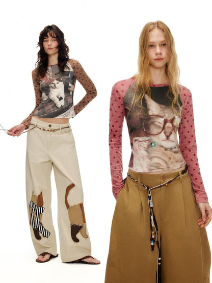 OuttheBlue Cartoon Print Fitted Waist Lightweight Knit Women&