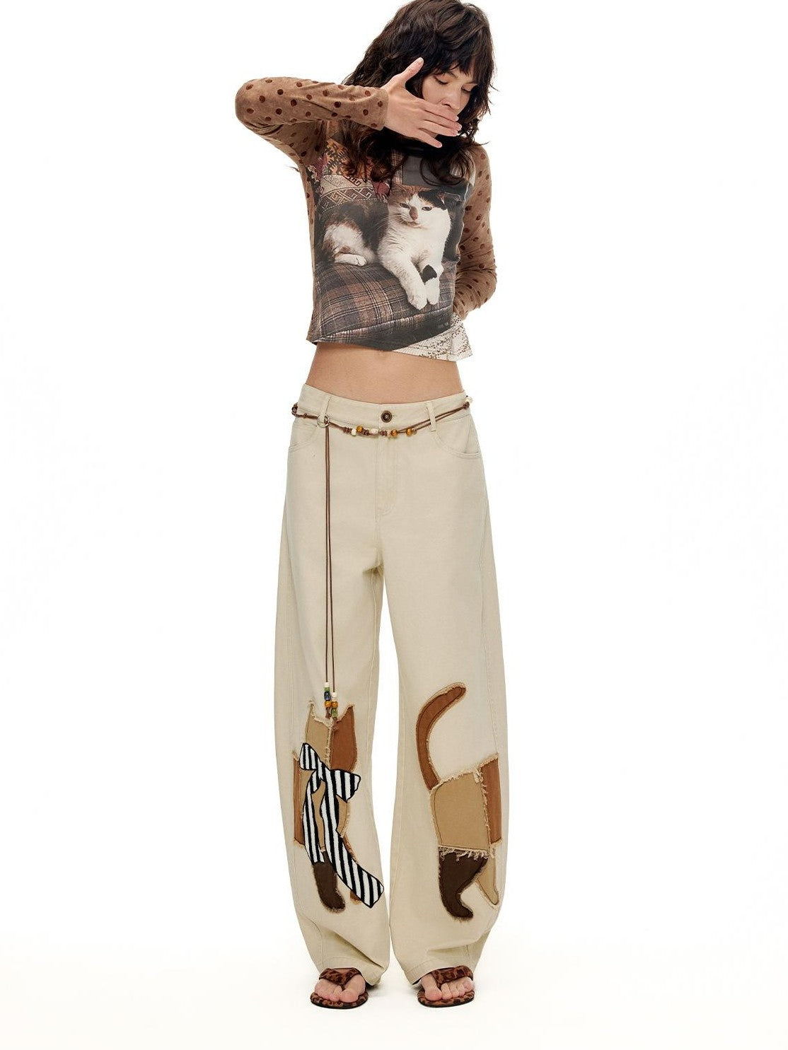 OuttheBlue Cartoon Print Fitted Waist Lightweight Knit Women&