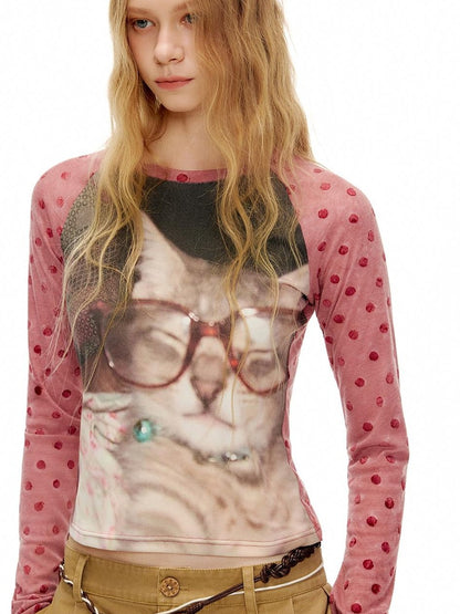 OuttheBlue Cartoon Print Fitted Waist Lightweight Knit Women&