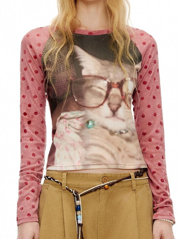 OuttheBlue Cartoon Print Fitted Waist Lightweight Knit Women&
