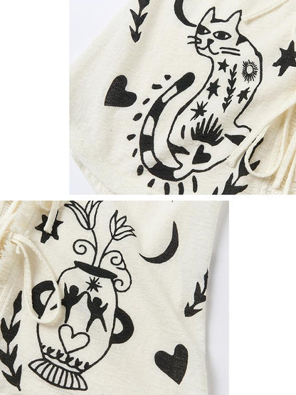 OuttheBlue Cartoon Print Fitted Waist Lightweight Knit Women&