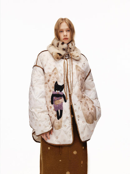 OuttheBlue Cat Applique Embroidered Diamond Quilt White Duck Women&