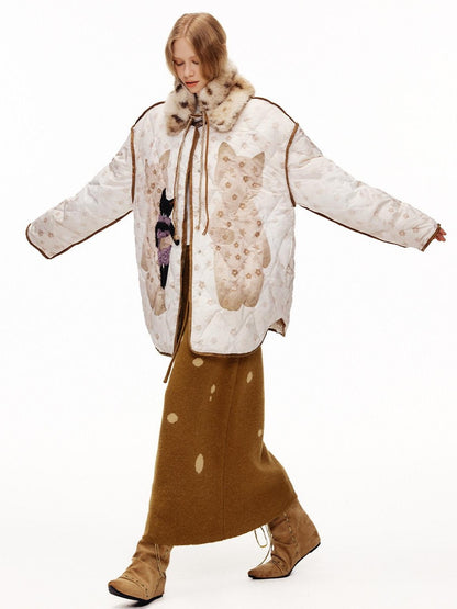 OuttheBlue Cat Applique Embroidered Diamond Quilt White Duck Women&