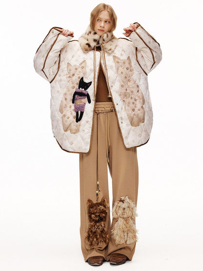 OuttheBlue Cat Applique Embroidered Diamond Quilt White Duck Women&