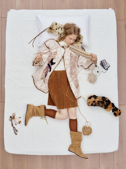 OuttheBlue Cat Applique Embroidered Diamond Quilt White Duck Women&