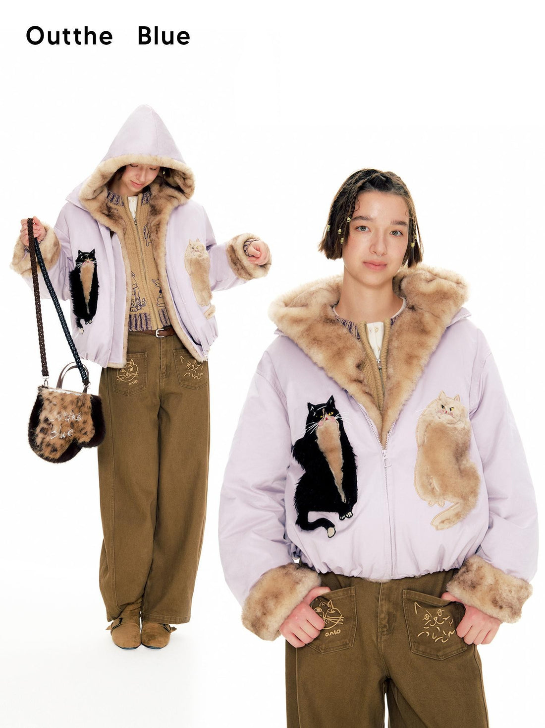 OuttheBlue Cat Applique Embroidered Hooded White Duck Down Women&