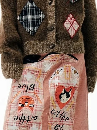 OuttheBlue Cat Cafe Diamond Patchwork High Neck Knit Cardigan
