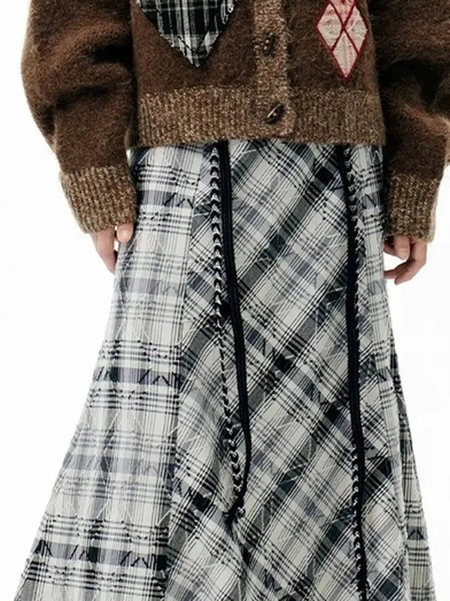 OuttheBlue Cat Cafe Diamond Patchwork High Neck Knit Cardigan