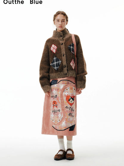OuttheBlue Cat Cafe Diamond Patchwork High Neck Knit Cardigan