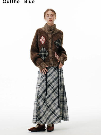 OuttheBlue Cat Cafe Diamond Patchwork High Neck Knit Cardigan