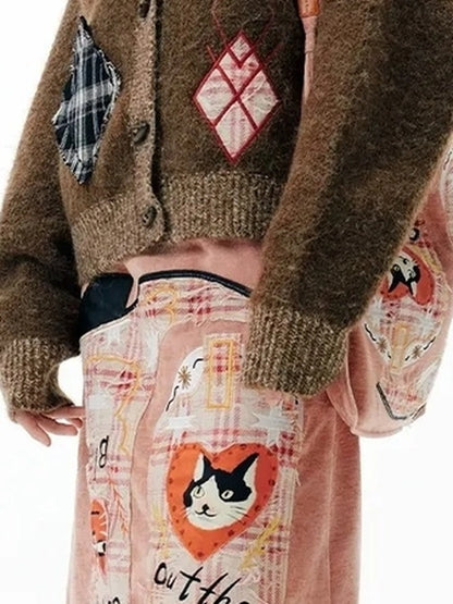 OuttheBlue Cat Cafe Diamond Patchwork High Neck Knit Cardigan