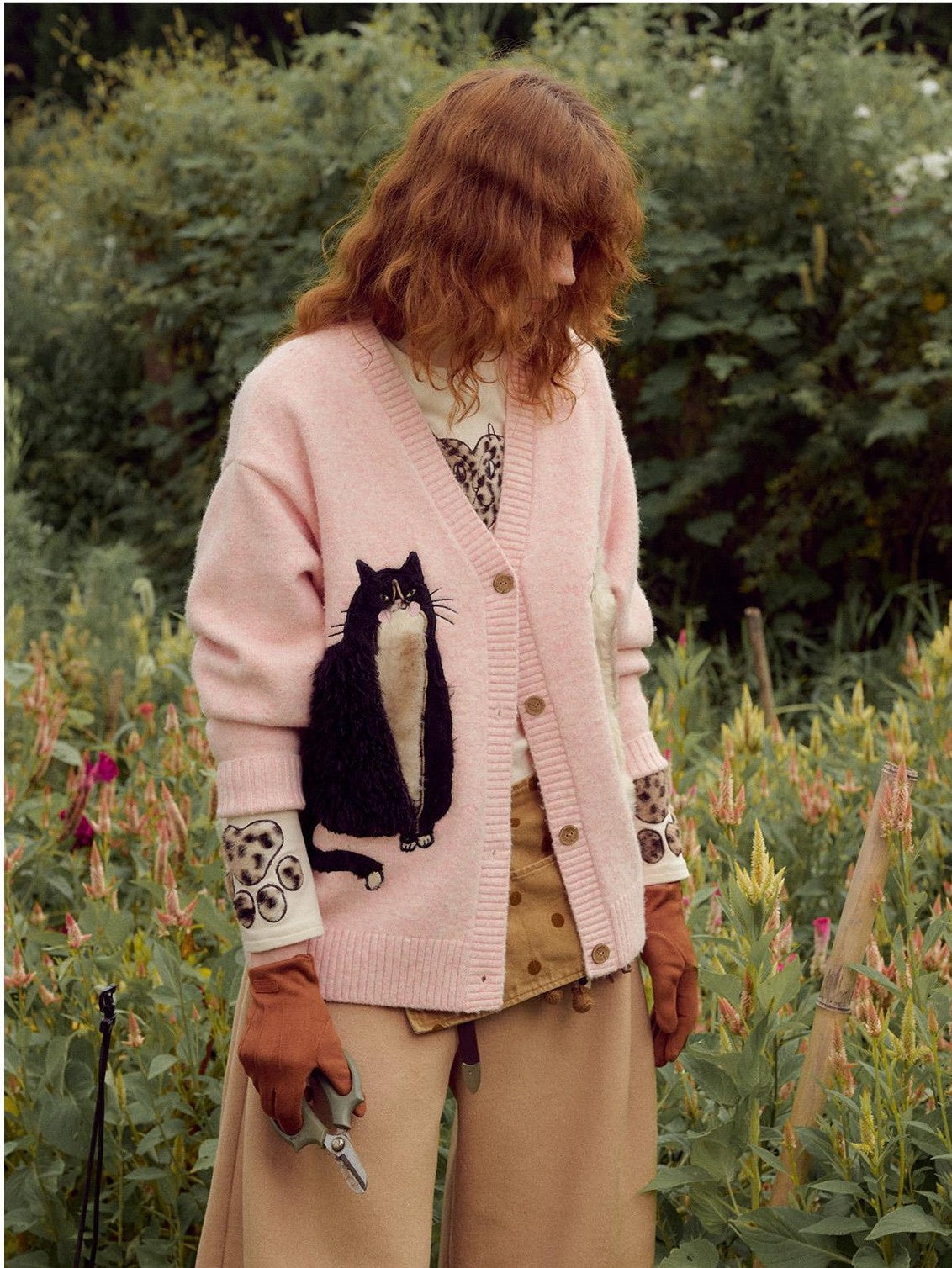 OuttheBlue Cat Embroidered Applique Wool Knit Women&