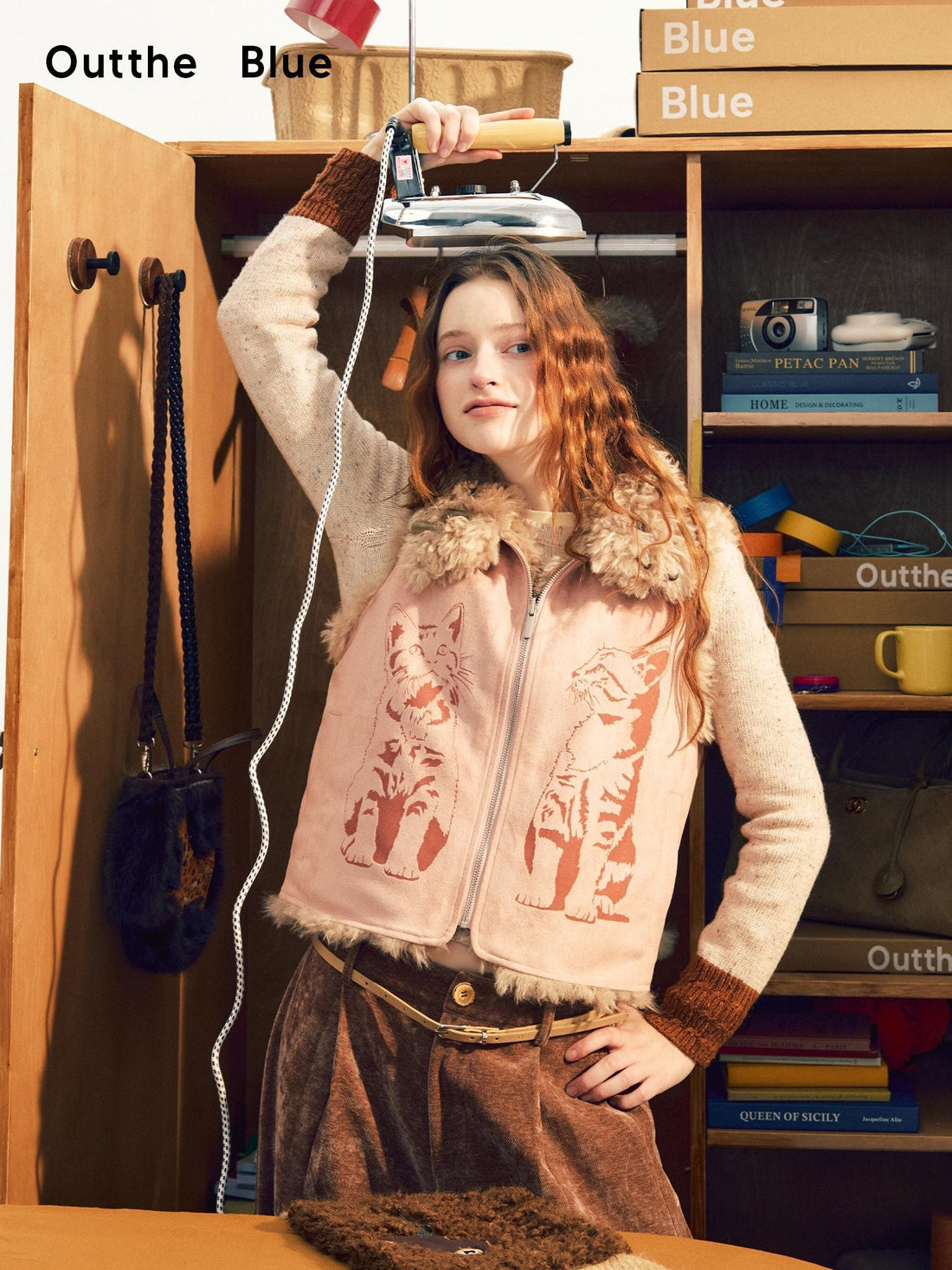 OuttheBlue Cat Embroidered Burnout Faux Suede Reversible Fleece Women&