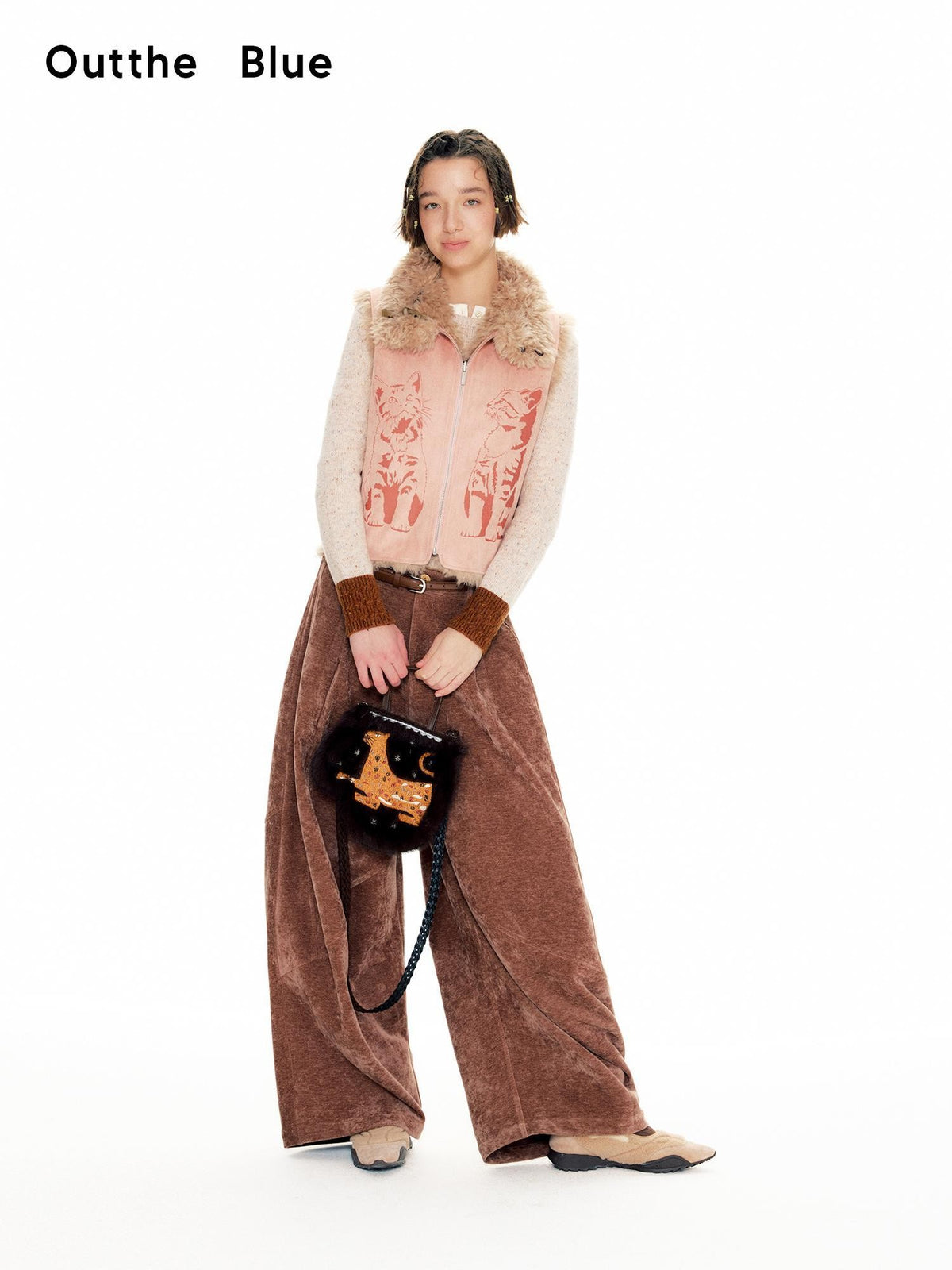 OuttheBlue Cat Embroidered Burnout Faux Suede Reversible Fleece Women&
