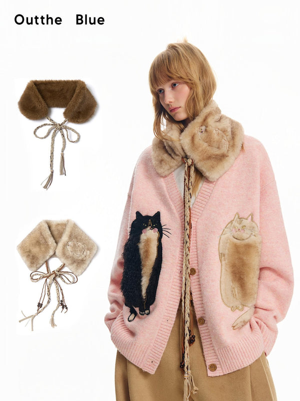 Cat Embroidered Faux Fur Collar Tie Women's Polyester Scarves & Shawls