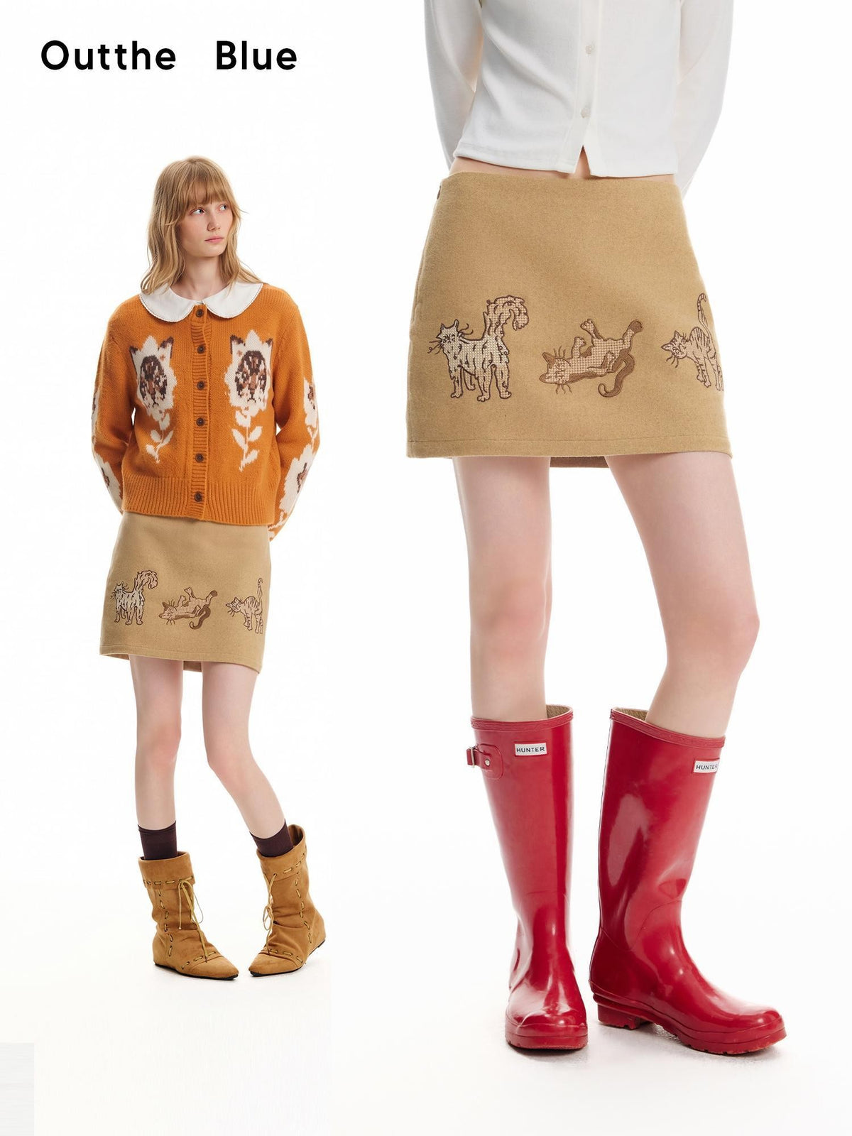 OuttheBlue Cat Embroidered Light Camel Wool Blend Women&