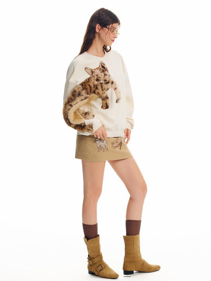 OuttheBlue Cat Embroidered Light Camel Wool Blend Women&