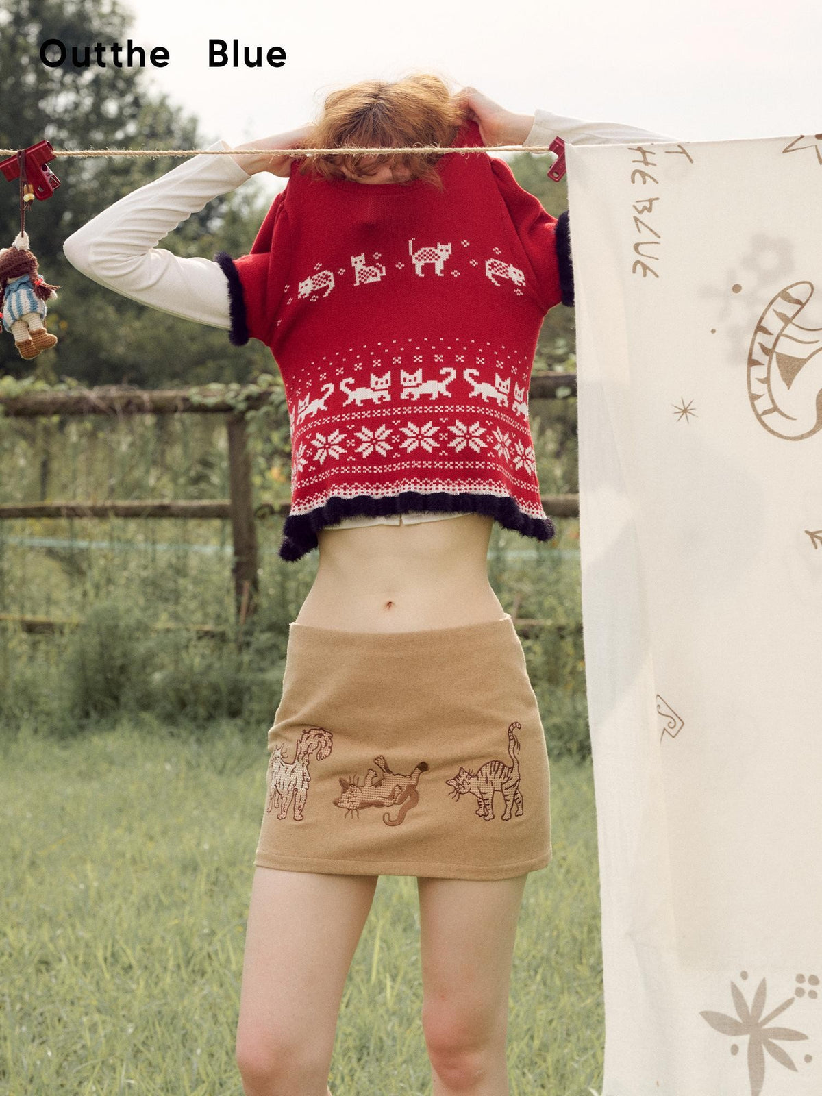 OuttheBlue Cat Embroidered Light Camel Wool Blend Women&