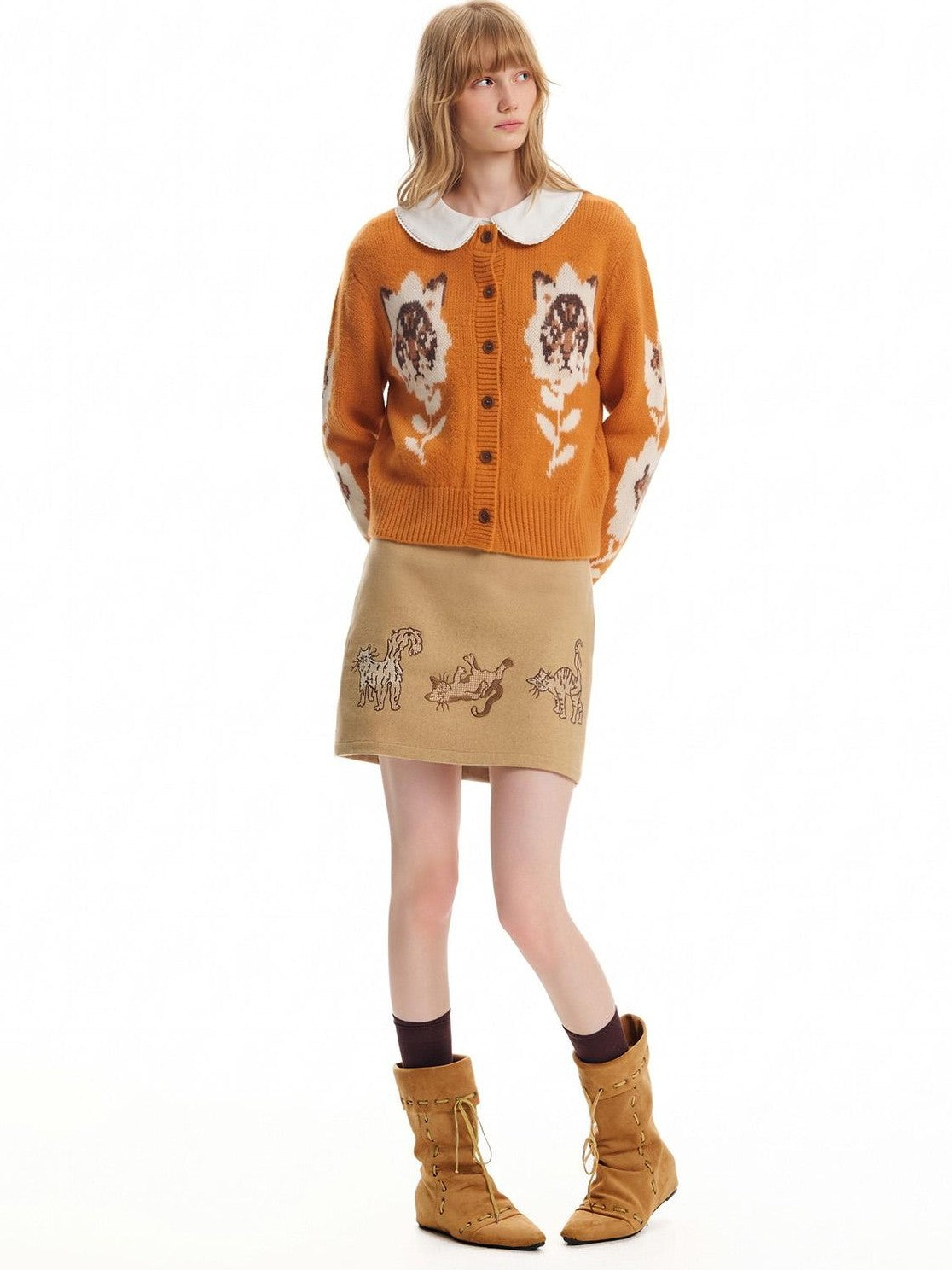 OuttheBlue Cat Embroidered Light Camel Wool Blend Women&