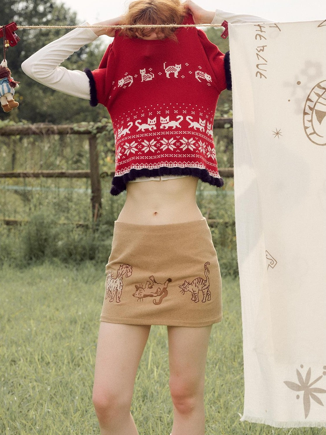 OuttheBlue Cat Embroidered Light Camel Wool Blend Women&