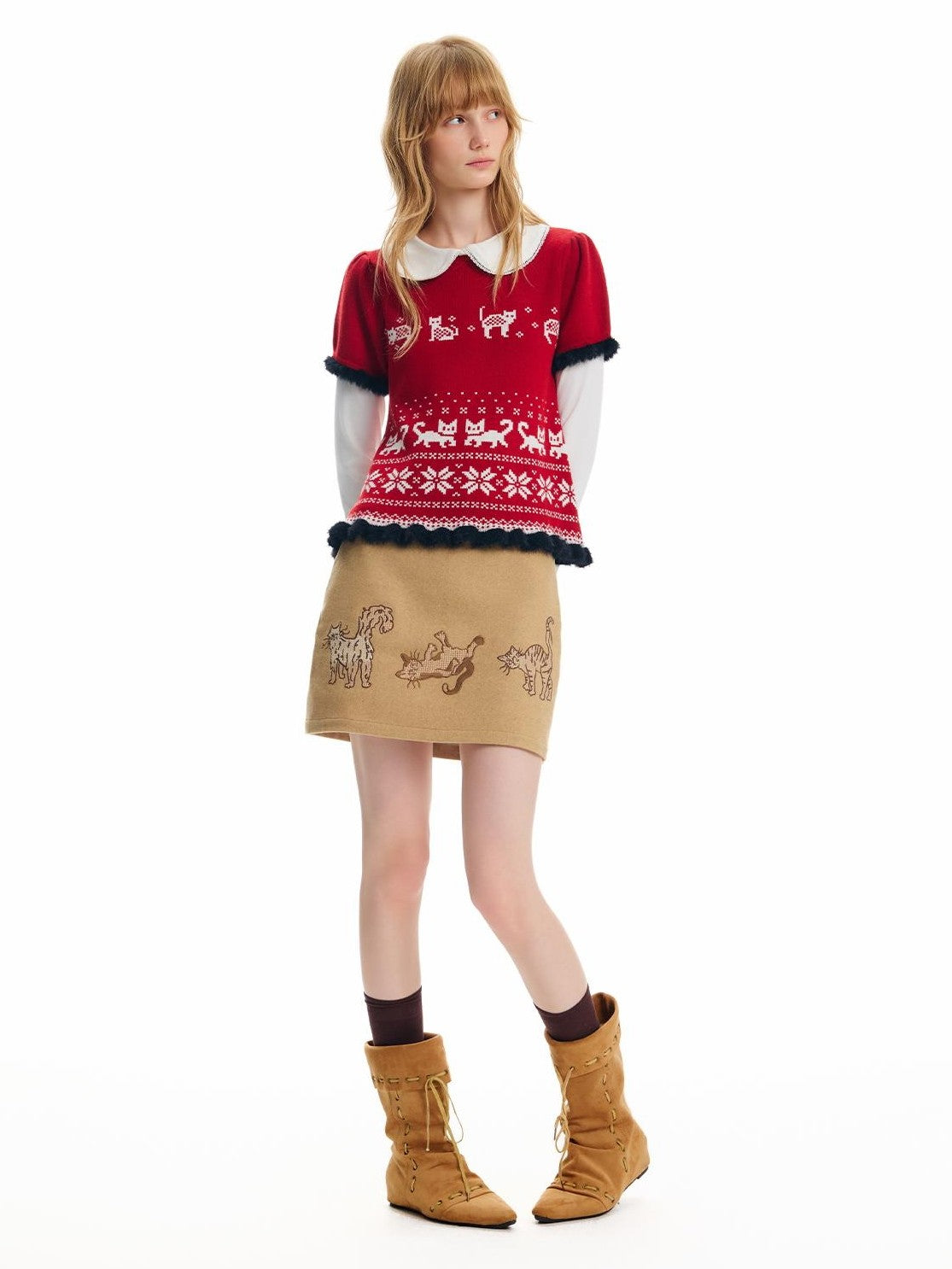 OuttheBlue Cat Embroidered Light Camel Wool Blend Women&