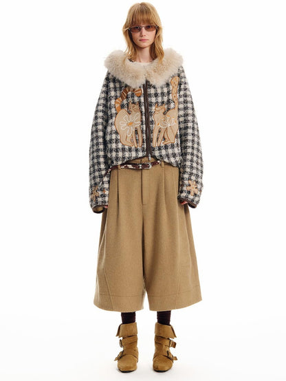 OuttheBlue Cat Embroidered Plaid Hooded Loose Wool Women&