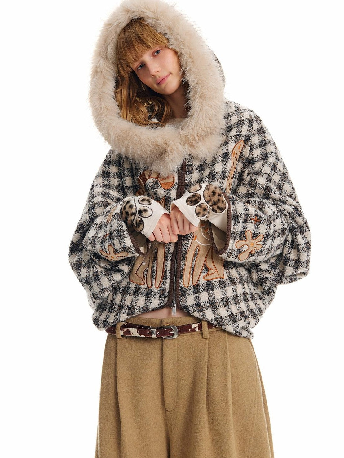 OuttheBlue Cat Embroidered Plaid Hooded Loose Wool Women&