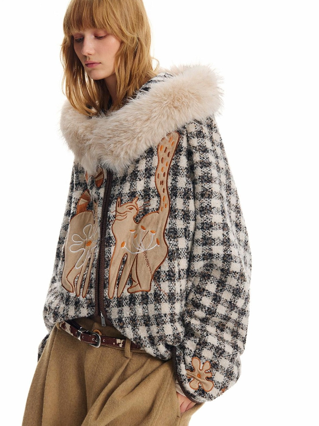OuttheBlue Cat Embroidered Plaid Hooded Loose Wool Women&