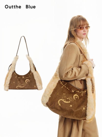 OuttheBlue Cat Embroidered Suede Fuzzy Square Women&