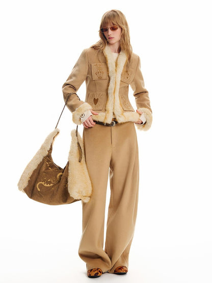 OuttheBlue Cat Embroidered Suede Fuzzy Square Women&