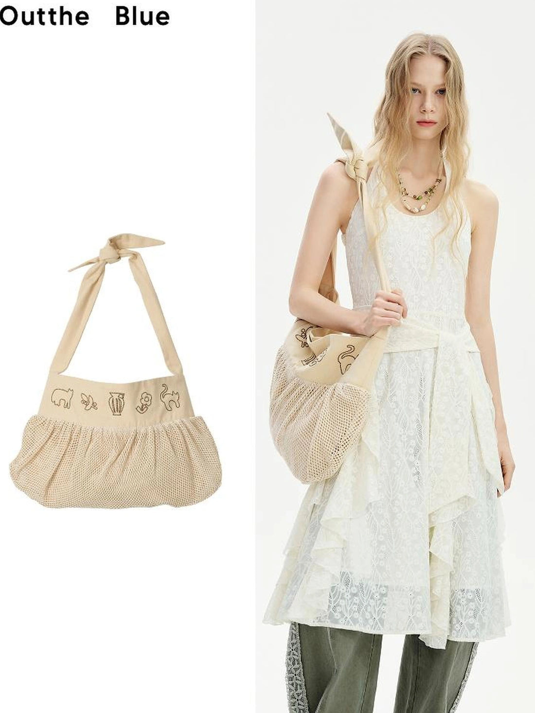OuttheBlue Cat Embroidery Checkered Cotton Tote Bag