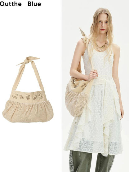 OuttheBlue Cat Embroidery Checkered Cotton Tote Bag