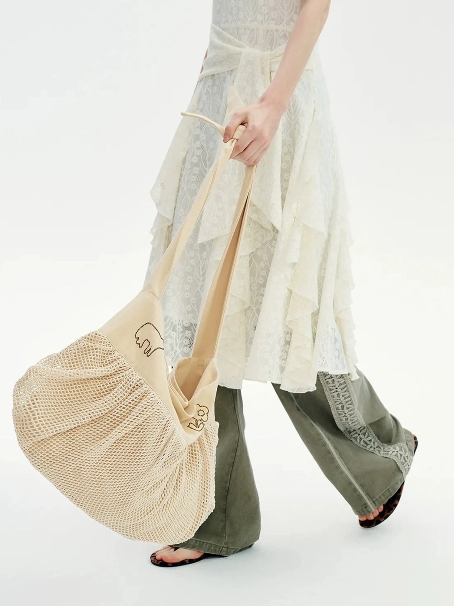 OuttheBlue Cat Embroidery Checkered Cotton Tote Bag