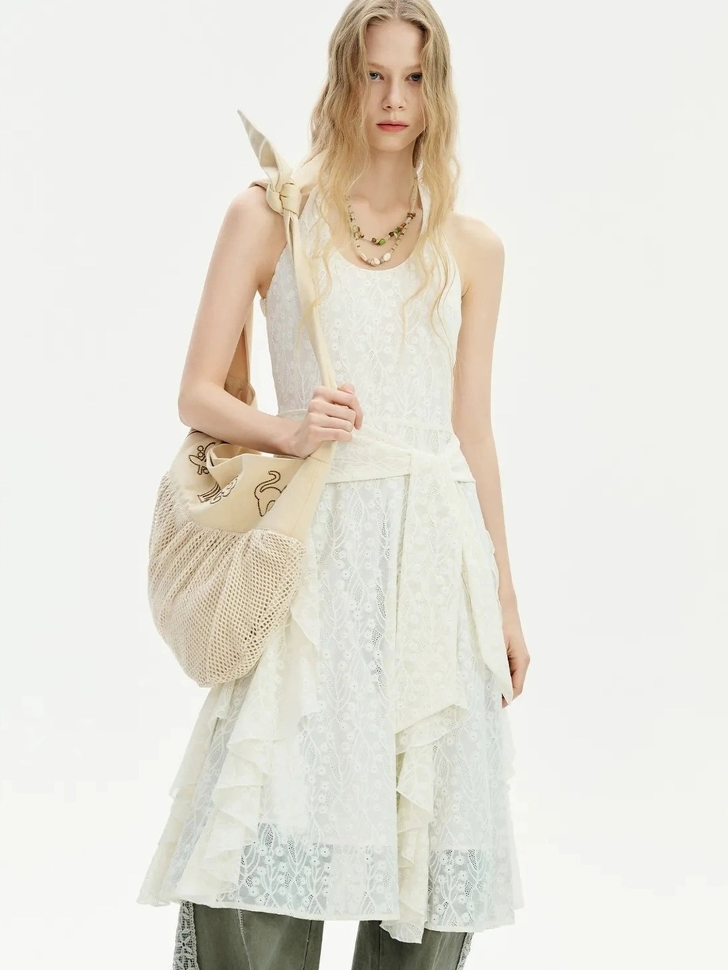 OuttheBlue Cat Embroidery Checkered Cotton Tote Bag