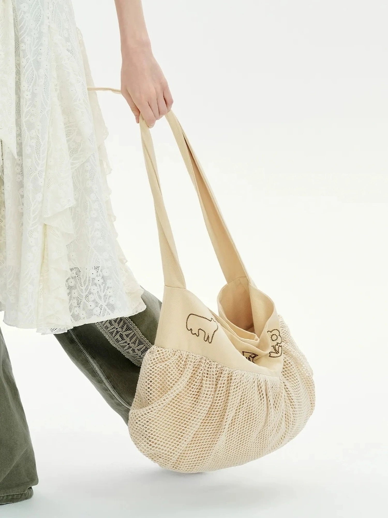 OuttheBlue Cat Embroidery Checkered Cotton Tote Bag
