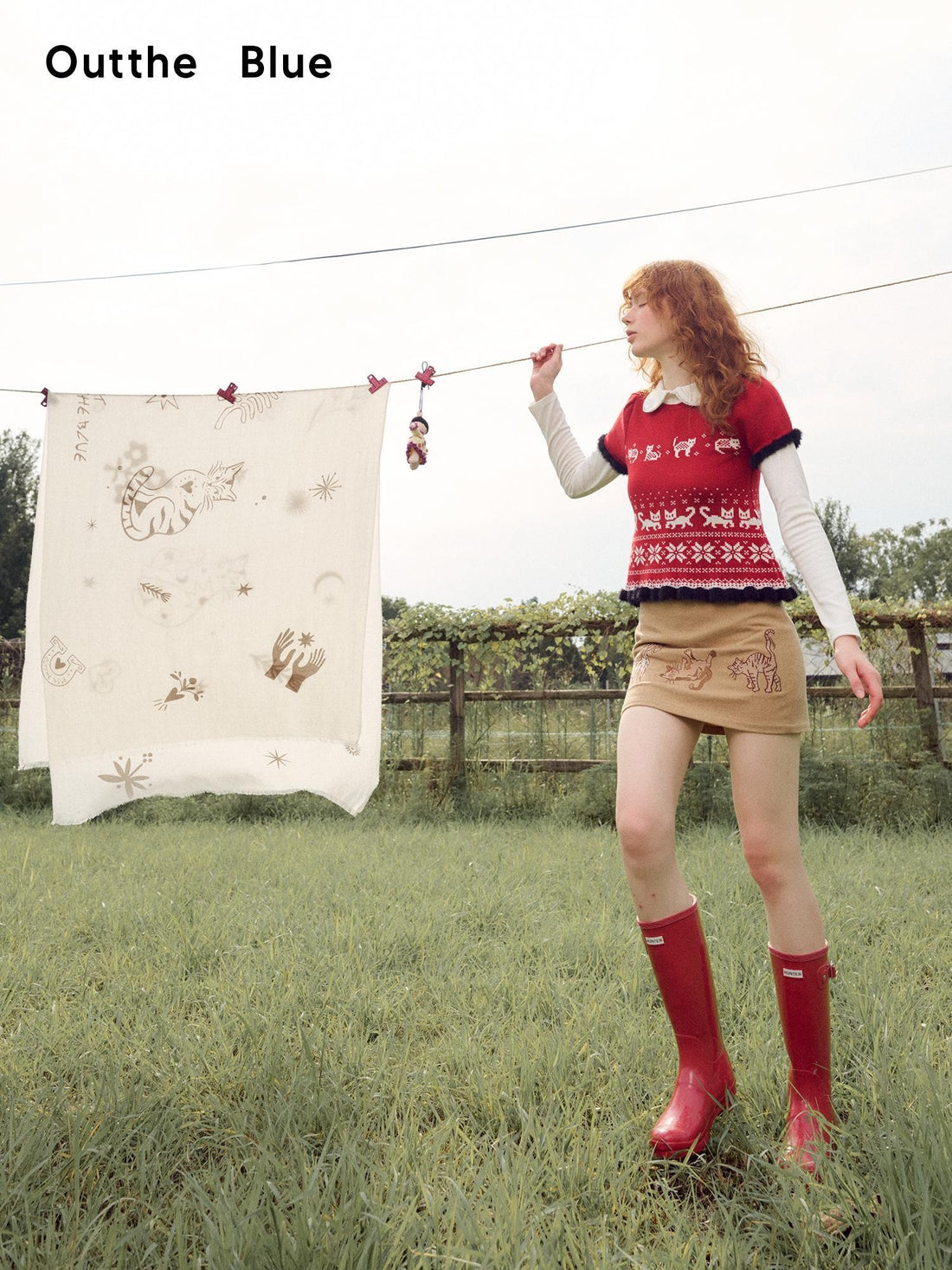 OuttheBlue Cat Fair Isle Puff Sleeve Color Block Cropped Women&