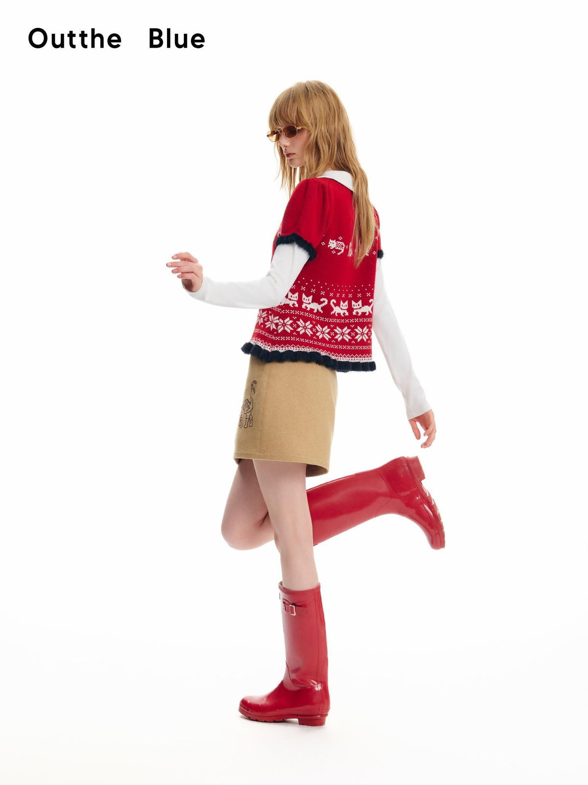 OuttheBlue Cat Fair Isle Puff Sleeve Color Block Cropped Women&