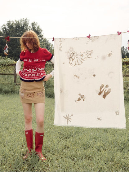 OuttheBlue Cat Fair Isle Puff Sleeve Color Block Cropped Women&