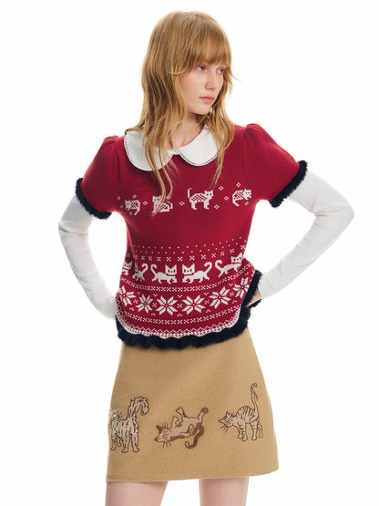 OuttheBlue Cat Fair Isle Puff Sleeve Color Block Cropped Women&