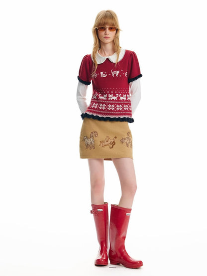 OuttheBlue Cat Fair Isle Puff Sleeve Color Block Cropped Women&
