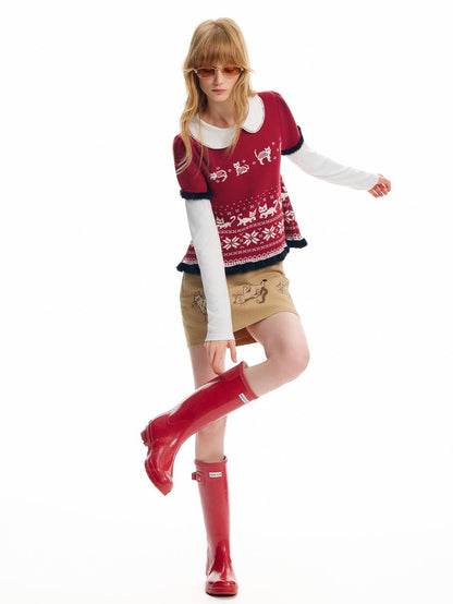 OuttheBlue Cat Fair Isle Puff Sleeve Color Block Cropped Women&