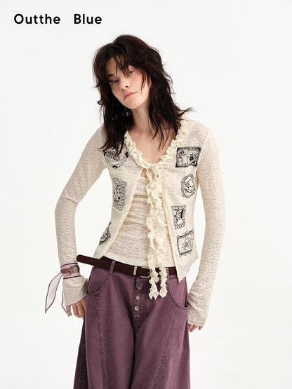OuttheBlue Cat Frame Print Ruffle V-neck Long Sleeve Slim Women&