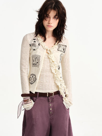 OuttheBlue Cat Frame Print Ruffle V-neck Long Sleeve Slim Women&