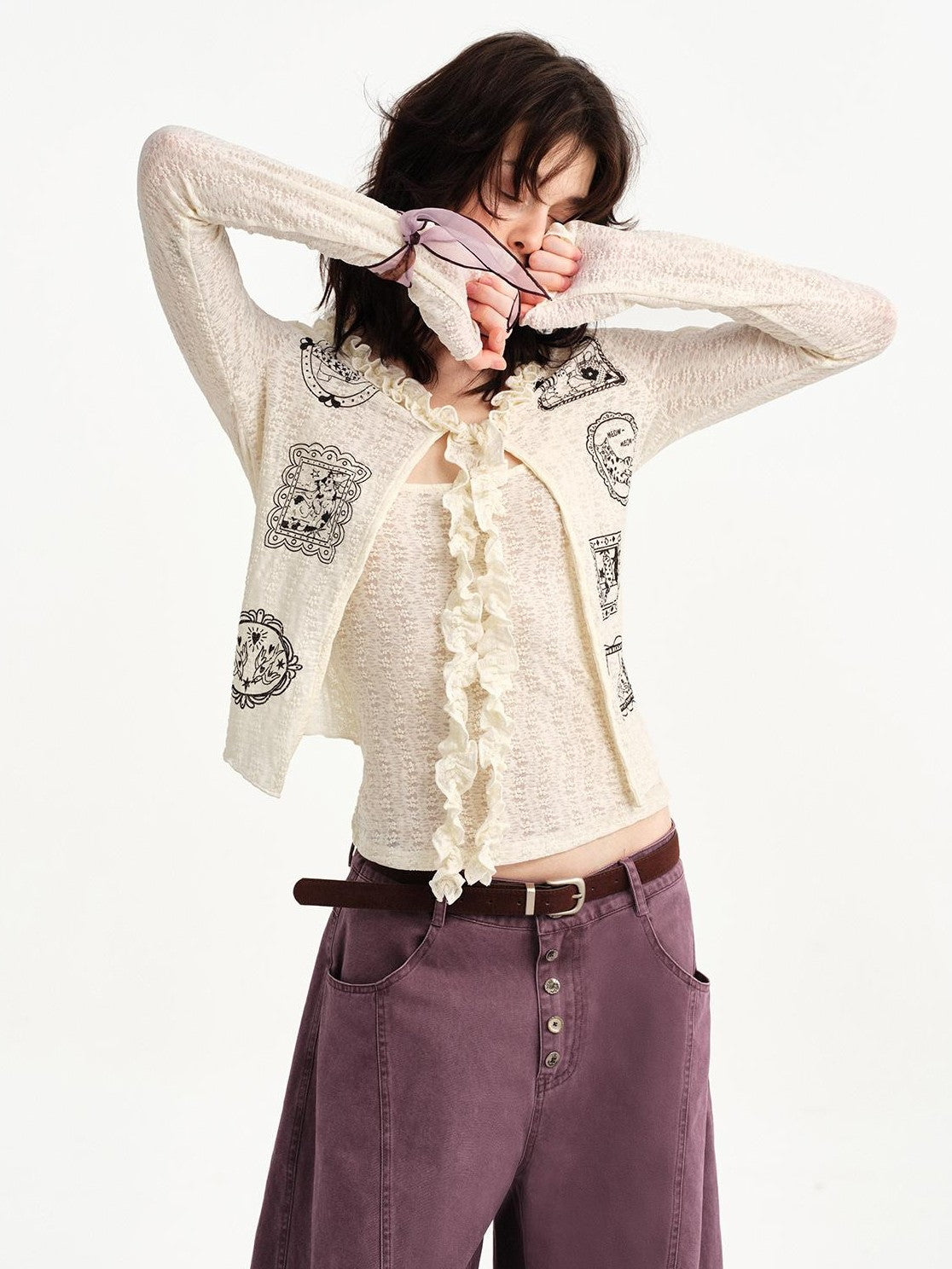 OuttheBlue Cat Frame Print Ruffle V-neck Long Sleeve Slim Women&