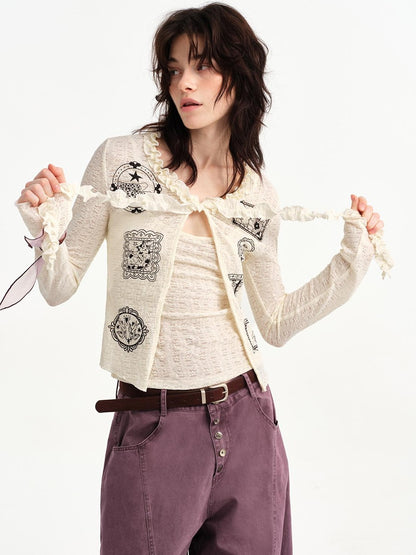 OuttheBlue Cat Frame Print Ruffle V-neck Long Sleeve Slim Women&